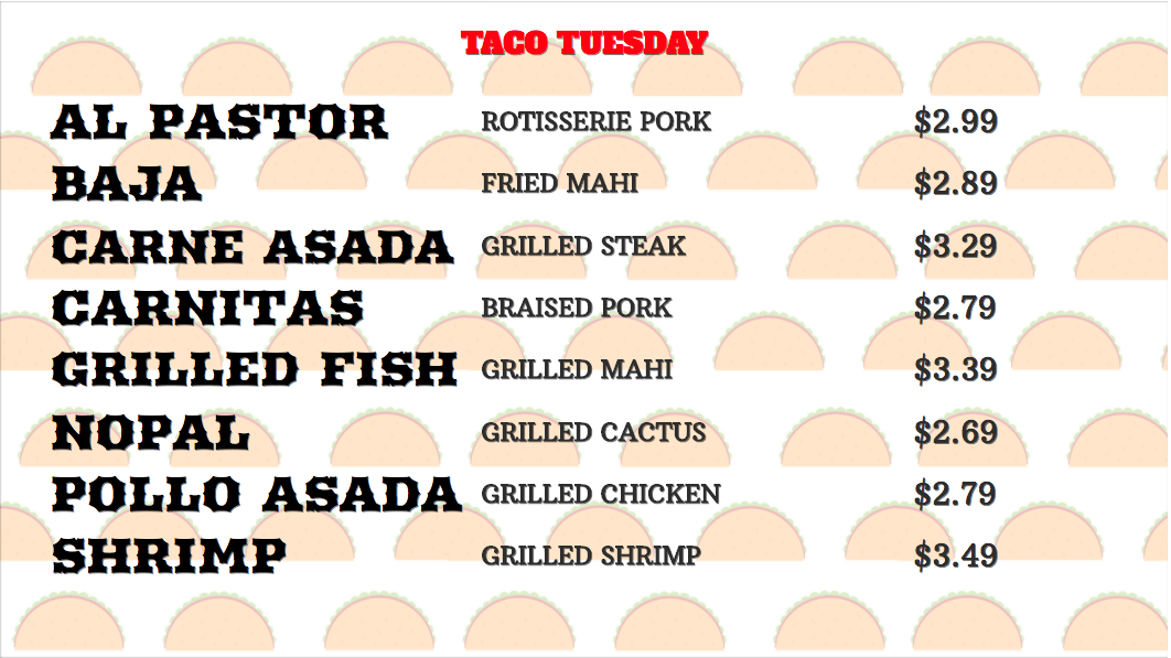 Taco Tuesday Digital Menu Board Example